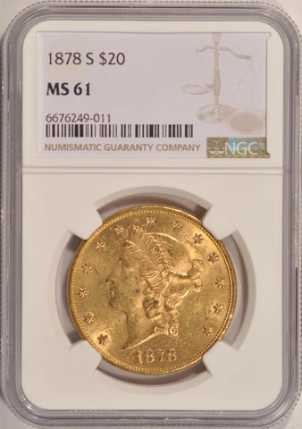 1878-S $20 Gold Double Eagle Coin NGC MS61 Pre-1933 Gold Cover