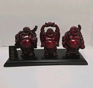 Royal Chinese Prosperity Buddha Set Of 3 Carved Red Resin On Solid Wood Base - Picture 1 of 16