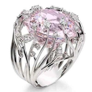 Pink Crystal Ring Inlaid Style for Women Silver Tone Exaggerated Wedding Band - Picture 1 of 10