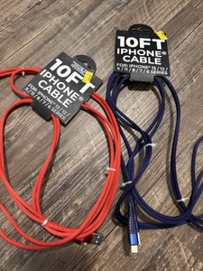 10ft iPhone Charging Cable X2 Red And Blue - Picture 1 of 4