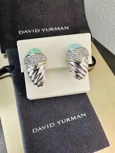 Ladies David Yurman 18k & Sterling Silver Green Chalcedony & Diamond Earrings - Picture 1 of 6