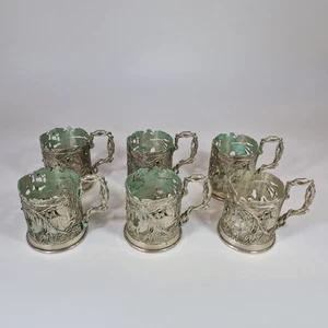 6er Set russische versilberte Teeglashalter Tier & Cabochon Dekoration - Bild 1 von 24