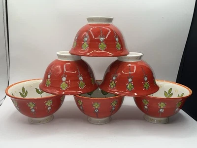 Juego de 6 cuencos con patas pintados a mano Anthropologie rojo menta Elka Ayaka 18 oz Foto 1 de 4