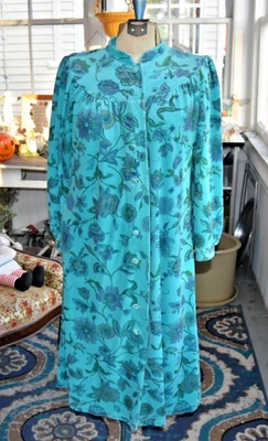 Abrigo de casa suave de felpa vintage de los años 70 azul diseño floral botón delantero talla L/XL Foto 1 de 4