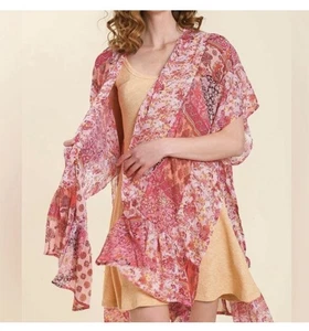 NWT Umgee Chiffon Kimono Size Small Medium Pink White Red Floral - Picture 1 of 6