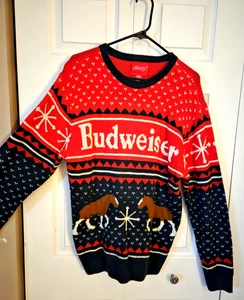 Budweiser Sweater Unisex Med Red Green Ugly Christmas Clydesdale Horses Acrylic - Picture 1 of 7