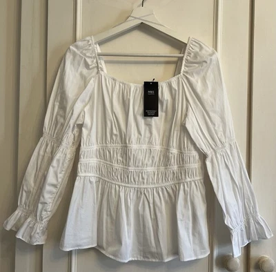 M&S Soft White Long Sleeve Cotton Blouse Size 14 (New) - Image 1 of 4
