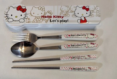 HELLO KITTY UTENSIL SET INCLUDES FORK, SPOON, CHOPSTICK .STAINLESS STEEL.CUTE - Image 1 of 4