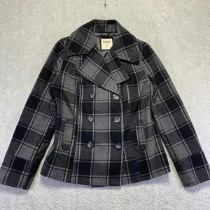 Old Navy Women Pea Coat Size Small Black Grey Plaid Double Breasted Wool Blend - Picture 1 of 14