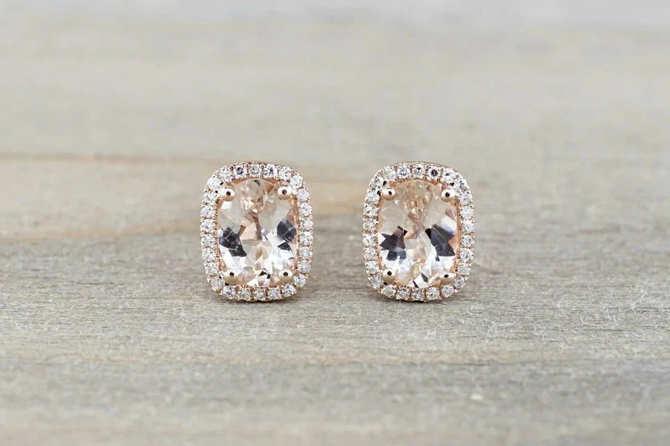 1.7ct Natural Peach Morganite Natural & Diamond Halo Earring 14k Solid Rose Gold - Image 1 of 4