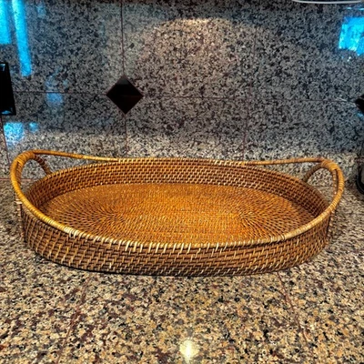 Handwoven Oval Rattan Serving Tray 23 x 16 Handles Breakfast Coffee Cottage - Image 1 of 4