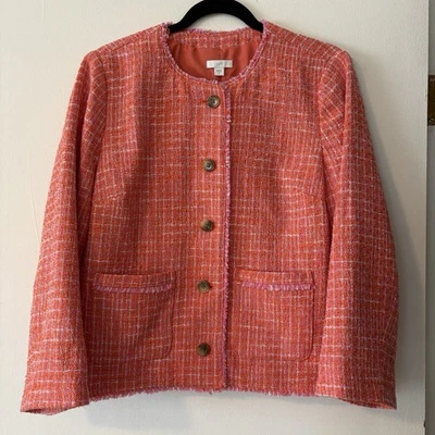 Chaqueta Blazer J. Jill Dahlia Tweed Talla Mediana Naranja Botón Delantero Manga Larga Foto 1 de 4