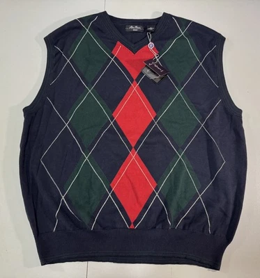 Alan Flusser Vest Mens Sz XL Argyle Golf Blue Red Green Preppy 100% Cotton NWT - Image 1 of 4