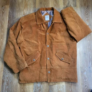 Men Tan Suede Trucker Leather Jacket 70s Western Style Button Suede Vintage Coat - Picture 1 of 16