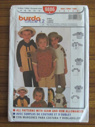 BURDA PATTERN - 9886 BOY GIRL JUMPER T-SHIRT HOODIE TOP RAGLAN SLEEVE 4-6 UNCUT - Image 1 of 2