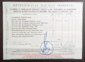 1903 Metropolitan Railway Dividend Statement – £33 15s to J. Turnbull - Picture 1 of 1
