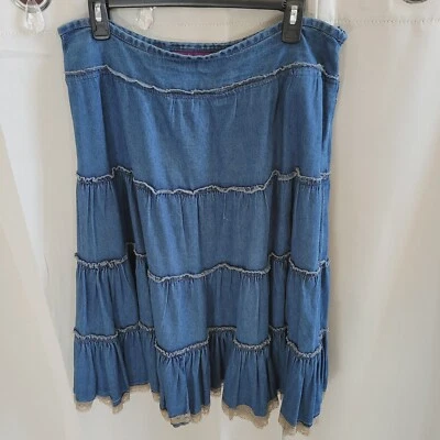 Falda Denim Nueva De Colección Mezcla Talla 14 Azul Cambray Occidental Campesina en Niveles 16321 Foto 1 de 4