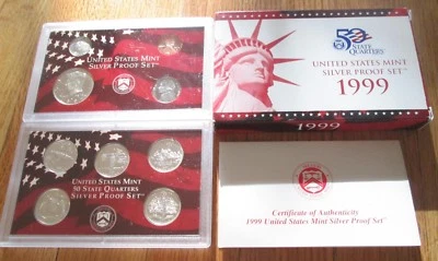 1999 Silver Proof Set U.S. Mint Box & COA 9 Coins 5 Key State Silver Quarters  - Image 1 of 4