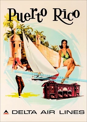 Póster arte impreso vintage de viaje aéreo golf vela sol natación Puerto Rico 1960 Foto 1 de 4
