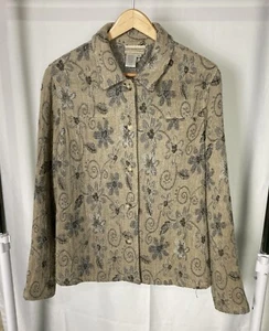 Coldwater Creek Wool Blend Cardigan Floral Button Up Large Tan Beige Woven Boho - Picture 1 of 8