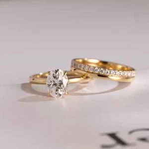 Oval Cut Moissanite 14K Yellow Gold Plated 925 Silver Art Deco Wedding Ring Set - Picture 1 of 10