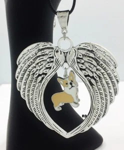 Welsh Corgi Dog Lovers Large Angel Wings Memory Leather Necklace - Picture 1 of 1
