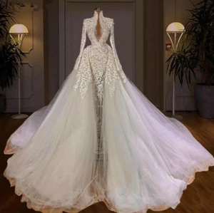 Beaded Pearls Long Sleeve Wedding Dress with Detachable Train Bridal Gowns - Picture 1 of 9