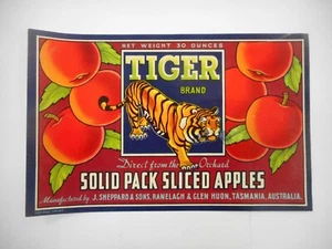 ORIGINAL 30 OZ NET TIGER BRAND SLICED APPLE PAPER LABEL / TASMANIA AUSTRALIA - Picture 1 of 4
