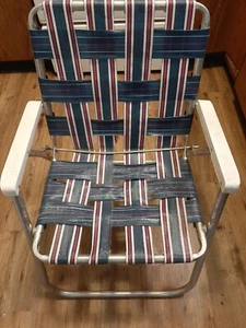 Sunbeam Aluminum Webbed Folding Beach Lawn Chair Red White & Blue Vintage - Picture 1 of 12