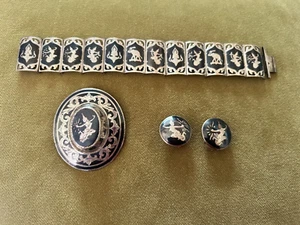 VINTAGE NIELLOWARE SIAM JEWELLERY 3 PIECE SET BRACELET, EARRINGS & BROACH - Picture 1 of 8