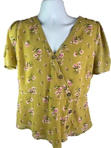 Sweet Wanderer Women's Blouse XL Yellow Floral Peplum Surplice Ruched Sleeve - Picture 1 of 7