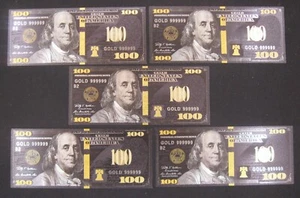 5 New Style BLACK & GOLD 24K Gold Foil 100 Dollar Novelty Bill Sharp! FREE SHIP! - Picture 1 of 12