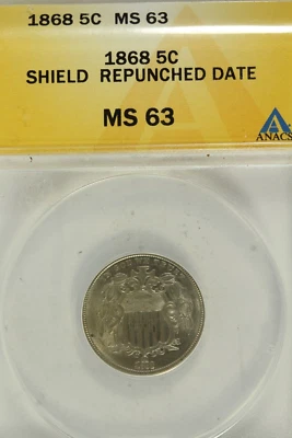 1868 Shield Nickel : ANACS MS63 Repunched Date - Image 1 of 4