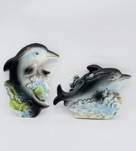 Vintage Pair Dolphin Bathroom Wall Plaques Ceramic Kitsch Decor - Picture 1 of 10