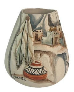 Vintag Janet Haefner Native American Pottery Vase Feather Adobes 3D Design 5,75” - Picture 1 of 10