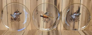 3 Vintage 8.5" Clear Glass Plates Pheasant Mallard Ducks Gold Rim Edge Salad Pie - Picture 1 of 5