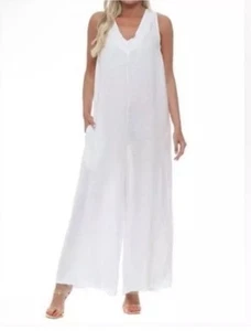 Elena Baldi Made In Italy Large White 100% Linen Relaxed Jumpsuit $199 - Picture 1 of 4