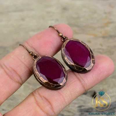 Pendientes colgantes de cobre Cachemira Rubí piedras preciosas electroformadas hija joyería Foto 1 de 4