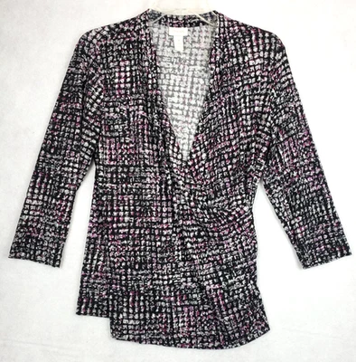 Chico's 1 túnica cruzada envolvente sintética negra rosa geométrica manga 3/4 Chicos Foto 1 de 4