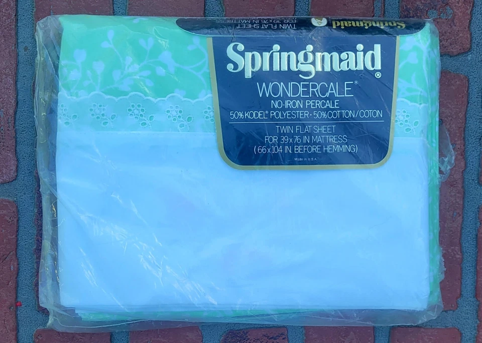 NOS - Lençol plano vintage verde e branco - Twin 39×76 - Imagem 1 de 3