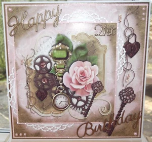 HANDMADE FLORAL STEAMPUNK 21st BIRTHDAY CARD WITH PINK ROSE, KEYS AND LOCKS - Picture 1 of 3