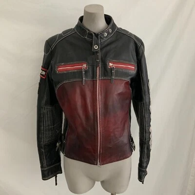 CHAQUETA BOMBER MUSTANG CUERO MANGA LARGA TALLA M-NEGRO Y ROJO-USADA-VINTAGE Foto 1 de 4