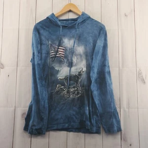 THE MOUNTAIN Hoodie Mens Small Lightweight Wolf USA Flag Blue Tie Dye - Picture 1 of 8