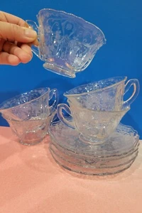 Set of 5 ~ Cambridge Glass Etched Diane Lace Punch Tea Cups Glasses & Saucers - Picture 1 of 14