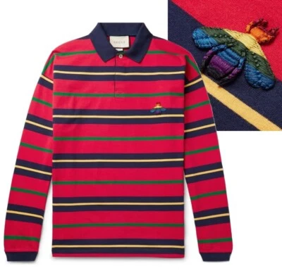 GUCCI HOMBRE POLO A RAYAS ALGODÓN APLIQUES ABEJA TOP $820 talla Pequeña Nuevo Foto 1 de 4