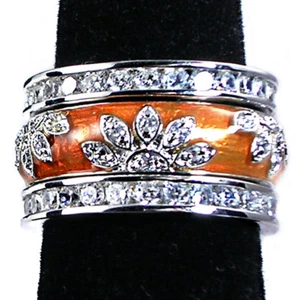 3-RING_#2_ORANGE MELON ENAMEL FLORAL CZ BAND RINGS_#10__NF 925 Sterling Silver - Picture 1 of 9