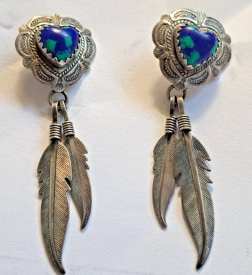 Aretes colgantes vintage QTO de plata esterlina azurita corazón plumas poste Foto 1 de 4