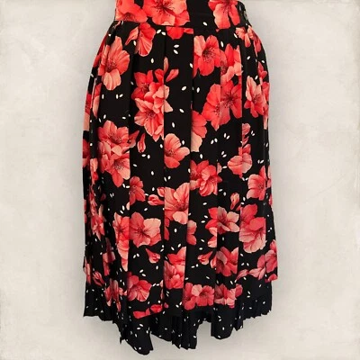 Max Mara Mujer Vintage Negro Rosa Seda Floral Plisado Falda Midi Reino Unido 10 Foto 1 de 4