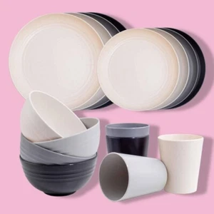 16PCS Wheat Straw Dinnerware Set for 4, Unbreakable, Microwave Safe, Plastic - Picture 1 of 5