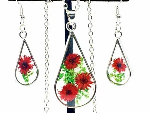 Handmade Boho Dried Flower Pendant Necklace Earrings Jewelry Set Red Silver - Picture 1 of 8